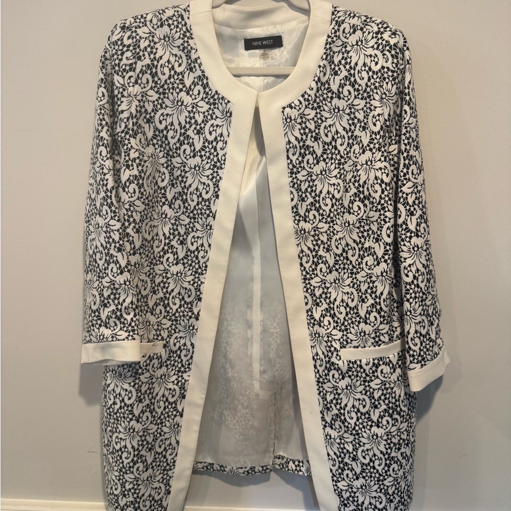 Nine West Black and White Lace-Patterned Long Blazer